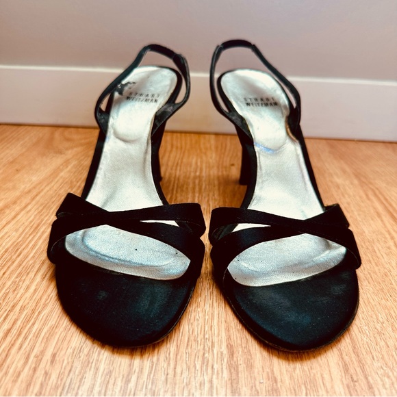 Stuart Weitzman Black Satin Open Toe Slingback Heels Size 7.5 - Picture 4 of 9